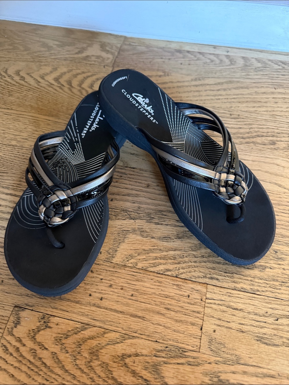 Clarks Black and Bronze Woven-Strap Cloudsteppers Flip Sandals